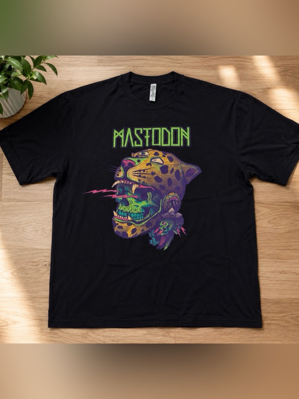 Graphic Large Black T-Shirt - Neon Leopard Skull Design